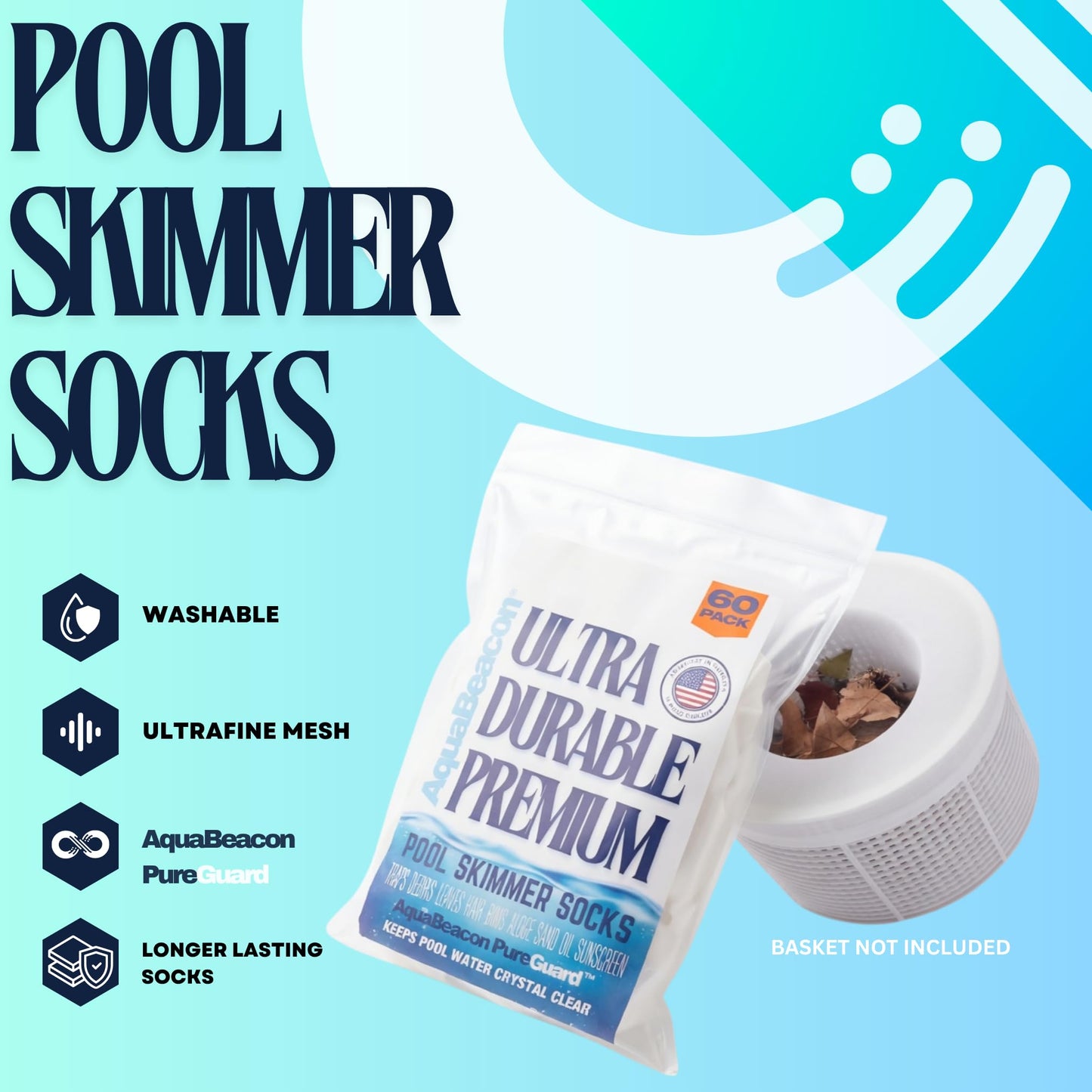 Aquabeacon® Premium 60-Pack Original Longer Lasting Pool Skimmer Socks PureGuard, Ultrafine Mesh Perfect Pool & Spa Savers for Filters, Baskets, and Skimmers