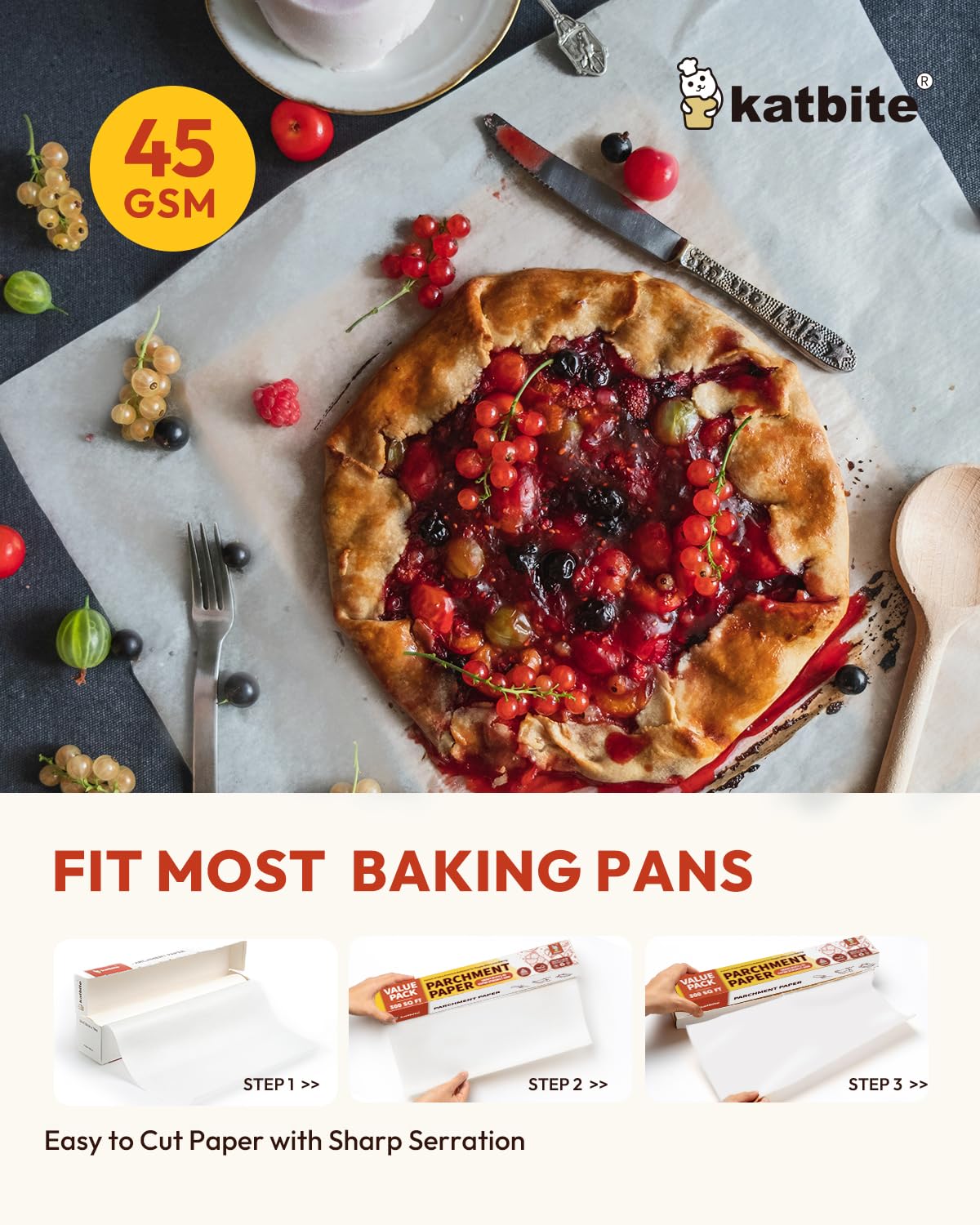 Katbite 2 Pack 15in x 242ft Parchment Paper Roll, 300 Sq. Ft Non-stick Baking Paper with Serrated Cutter, Perfect for Cooking, Air Fryer, Steaming, Bread - Value Pack