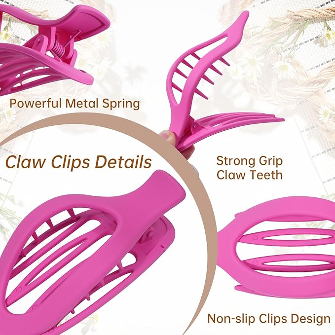 French Flat Hair Clips for Women - 6Pcs Flat Hair Claws for Thin Thick Hair Strong Hold No Slip Grip Hair Claw Clips for Women Girls (Flower (Pink))