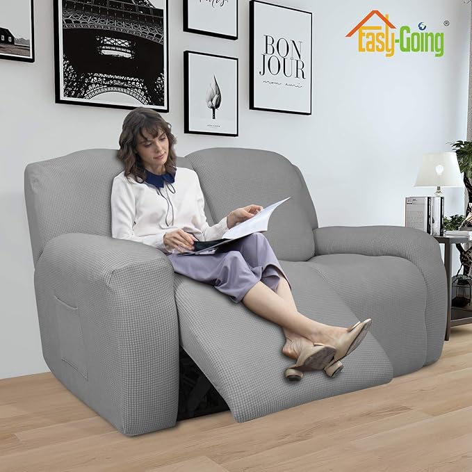 Easy-Going 6 Pieces Recliner Loveseat Stretch Sofa Slipcover Sofa Cover Furniture Protector Couch Soft with Elastic Bottom Kids, Spandex Jacquard Fabric Small Checks Light Gray