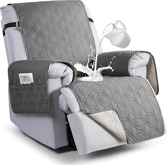 VANSOFY 100% Waterproof Recliner Chair Covers, Recliner Cover Non-Slip Dog Chair Cover Furniture Protector Washable Slipcover with Pocket, Elastic Straps for Pets, Dogs(Gray, 25")