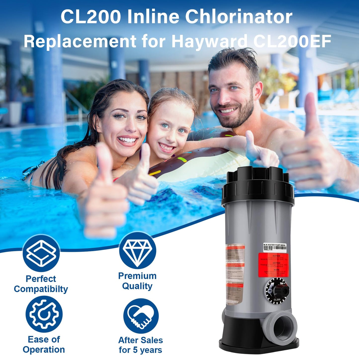 CL200 Inline Chlorinator Replacement for Hayward CL200EF Chlorine Feeder, Inground Pool Inline Automatic Chlorinator Feeder, High-Grade ABS Material, Easy to Use (2 O-Rings)