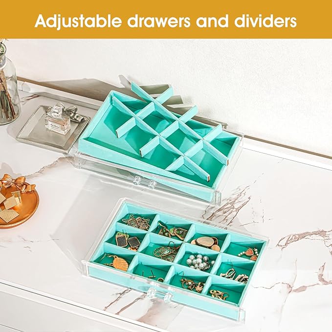 ProCase Earring Holder Organizer Jewelry Box with 10 Drawers, Acrylic Clear Earring Case with Adjustable Velvet Trays for Women - Aqua,10 Layers