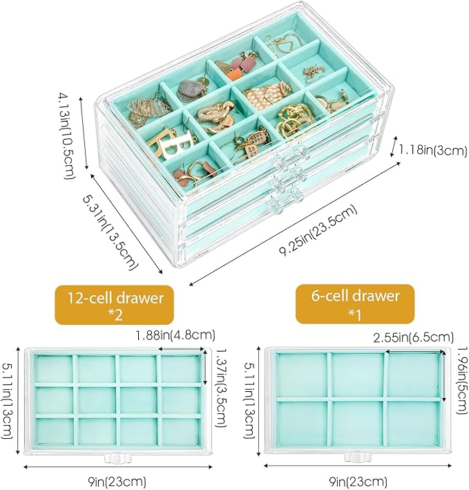 ProCase Earring Holder Organizer Jewelry Box with 3 Drawers, Acrylic Clear Earring Case with Adjustable Velvet Trays for Women - Aqua, 3 Layers