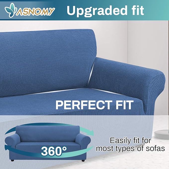 Asnomy Couch Covers for 3 Cushion Couch Stretch Sofa Covers Slipcovers, Pet Protector Furniture Covers for Dogs Cats Spandex Jacquard Fabric Small Checks（X-Large，River Blue）