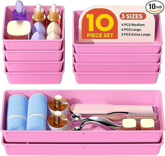 10 Pack Large Size Plastic Drawer Organizers Set, 3 Sizes Desk Drawer Organizer Trays, Storage Bins for Vanity, Makeup, Bathroom, Kitchen Utensils and Office (Pink)