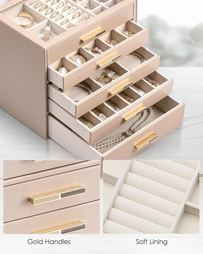 VLANDO 5 Layer Jewelry Box for Women, Glass Lid Jewelry Organizer with 5 Drawers for Necklaces Rings Earrings Bracelets - Toffee