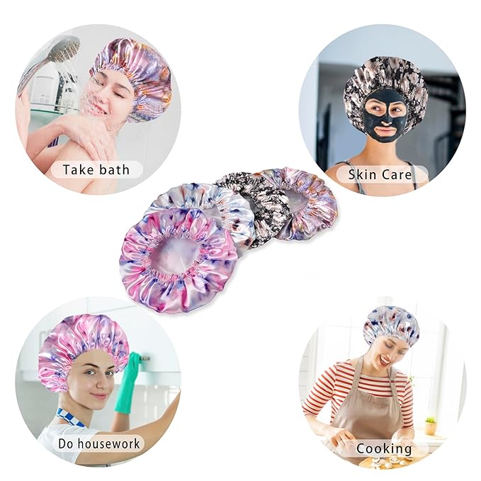 4 PCS Shower Caps for Women, 3D Printing Bath Caps, Double Layers Shower Cap Reusable Waterproof, Bathing Shower Caps, Environmental Protection Hair Bath Hat - Flower C