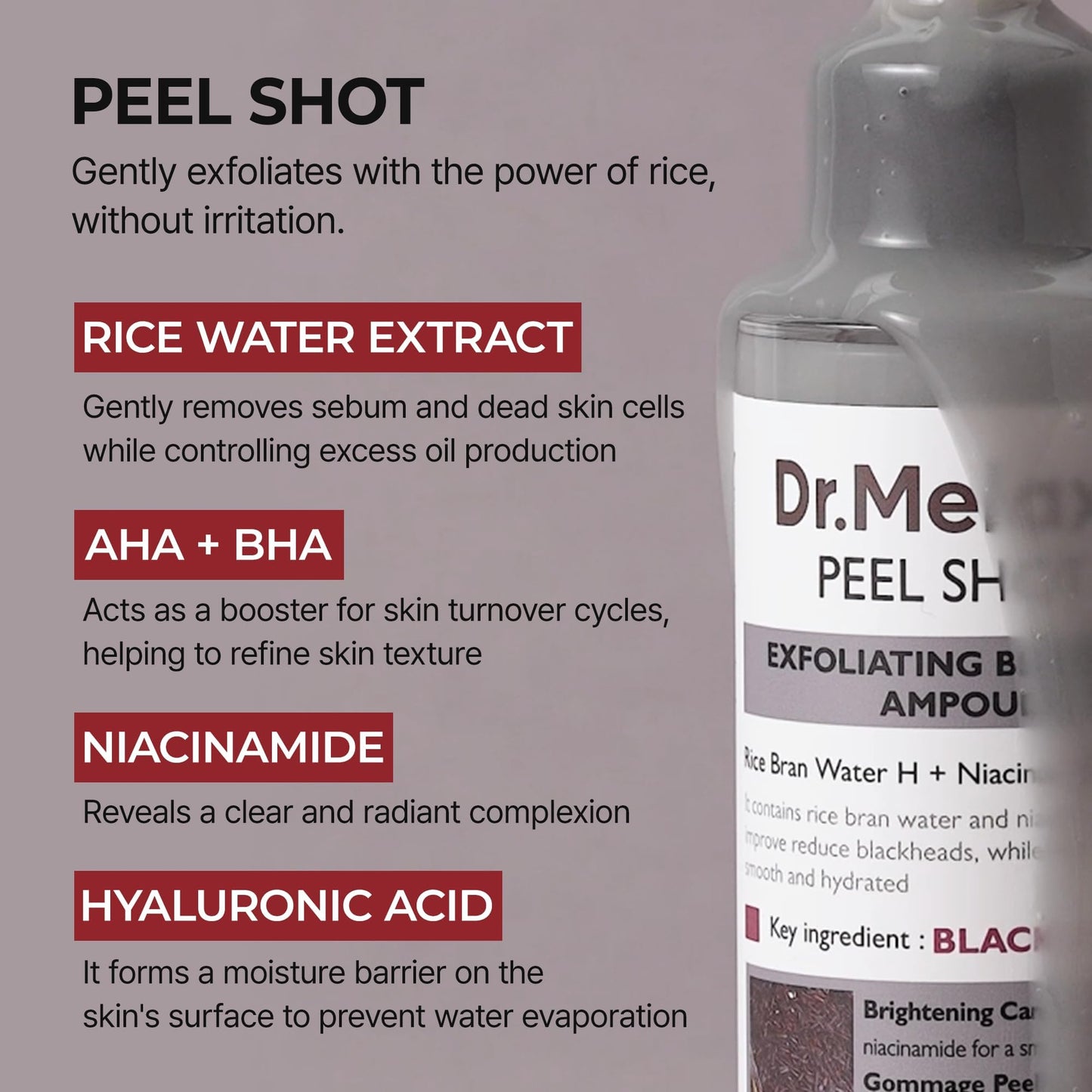 Dr.Melaxin Peel Shot Glow Black Rice Peeling Ampoule with Rice Extract & AHA BHA, Gentle Exfoliating Serum for Dead Skin Cells, Niacinamide & Hyaluronic Acid, Korean Skincare, 2.71 fl.oz