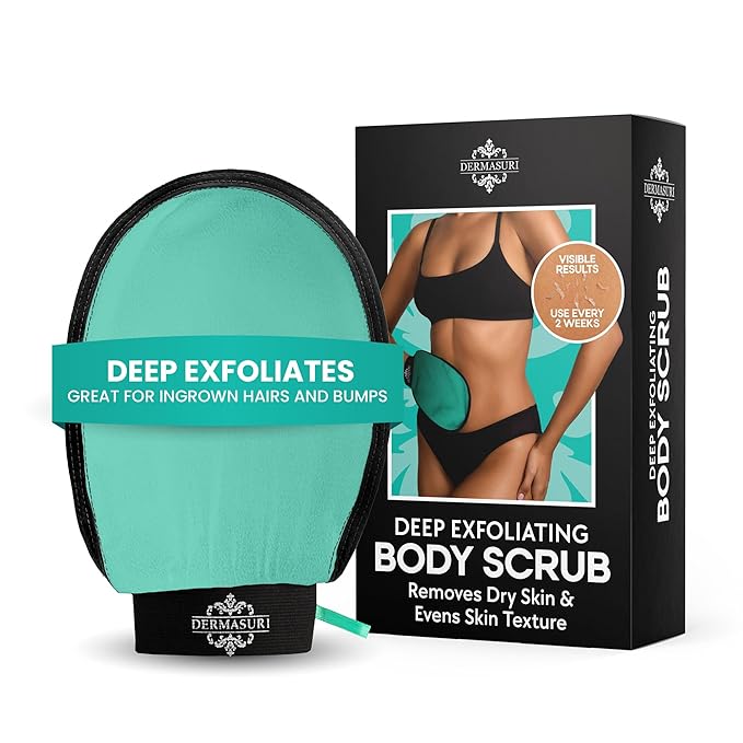 Dermasuri - Deep Exfoliating Glove - Korean Exfoliating Mitt & Body Scrubber - Keratosis Pilaris Treatment Scrub - Self Tanner Mitt & Ingrown Hair Exfoliator - Shower Gloves for Women & Men - Teal