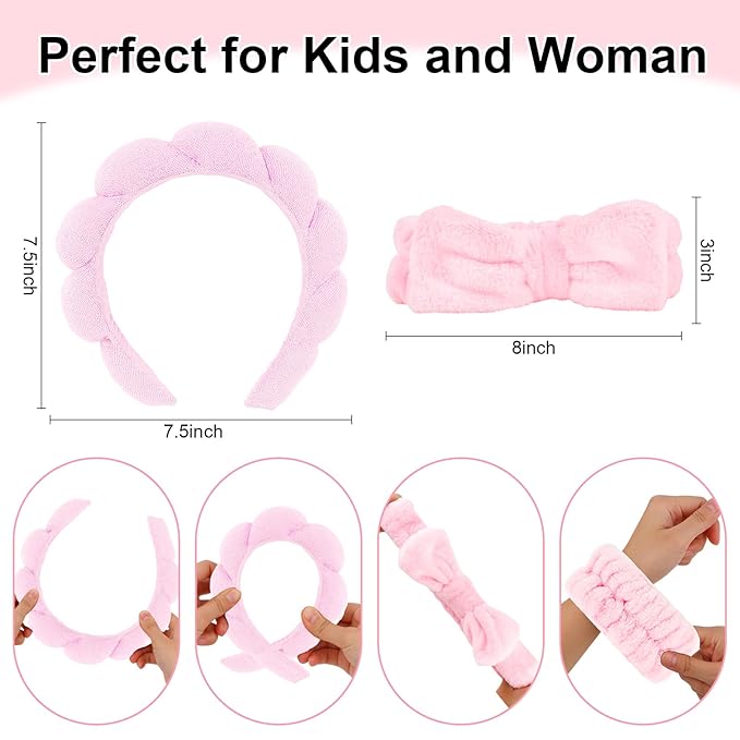 CAVETEE 6 Pack Spa and Makeup Headbands for Face Washing - Cute Puffy Bubble Bow Tie Headbands with Wristbands for Women and Girls