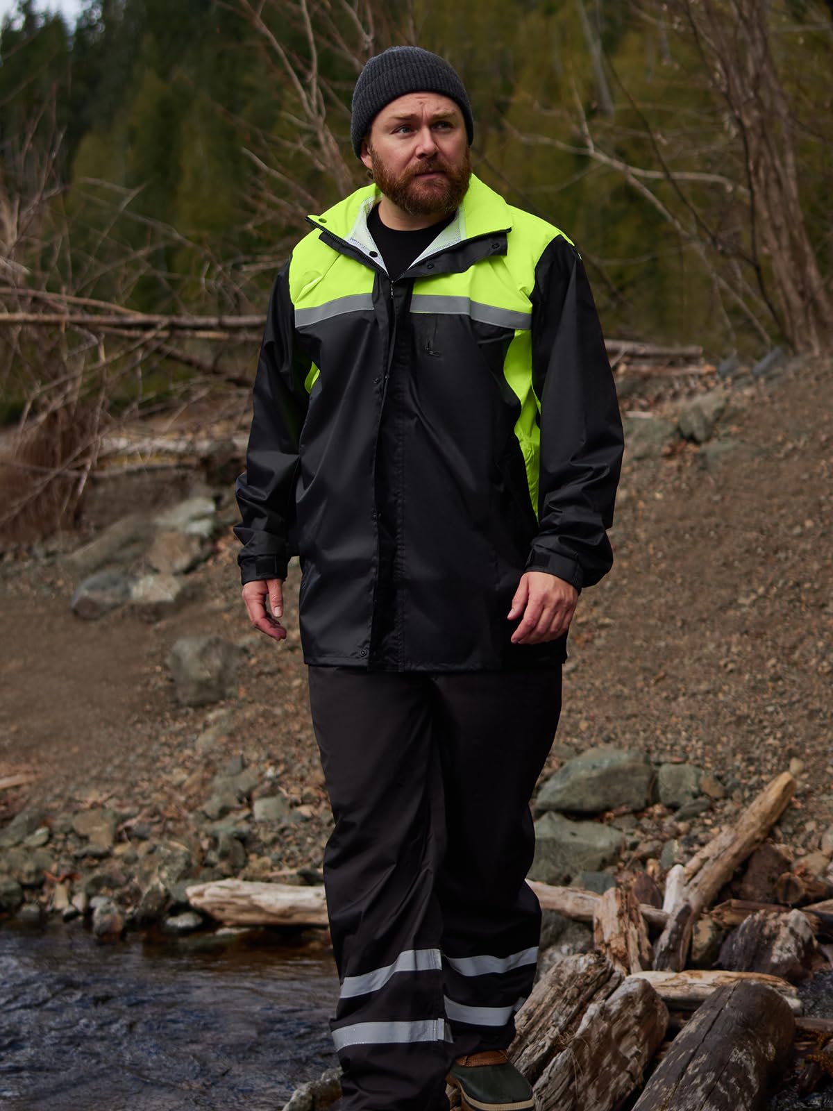 SaphiRose Men's Rain Suit High Visibility Reflective Work Rain Jacket Pants for All Sport Farm Fishing Motorcycle (Black/Green,XX-Large)