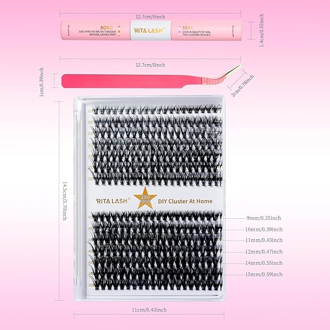 RITALASH Lash Extension Kit 30D+40D DIY Lash Clusters 280pcs Cluster Lashes Individual Lashes Eyelash Extension Kit with Lash Bond and Seal,Lash Tweezers(30D+40D Kit,9-15mm Mixed)