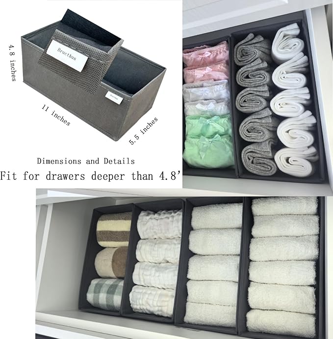 Sock Drawer Organizer 3 Pack - Collapsible Fabric Storage Bins for Underwear Divider, Small Closet Organizers with 3 Compartments, Gray