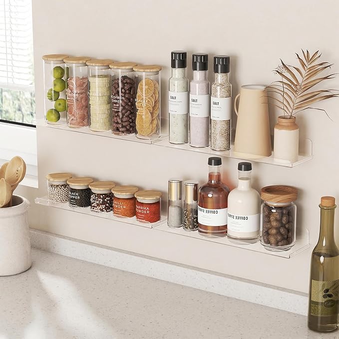 Lifewit Floating Shelves for Bathroom, Acrylic Wall Organizer for Perfume, Makeup, Figures, Nail Polish, Photo, Book, 14" Decor Display Rack for Nursery, Living Room, Bedroom, Kitchen, Clear, 6 Pack