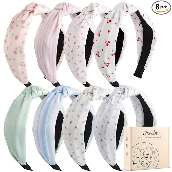obeoby 8Pcs Floral Headbands for Keep Your Hairstyle, Trendy Knotted Headband for Spring Summer Outfit Non Slip Gifts for Granddaughter