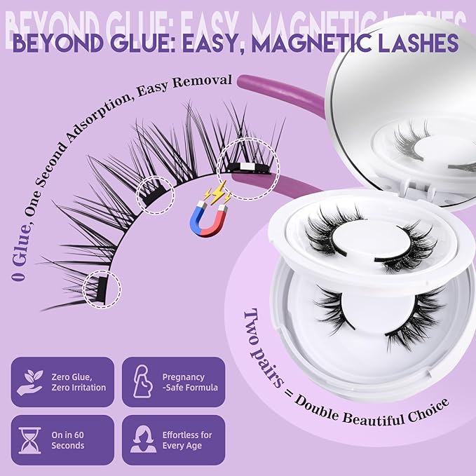 B&Q Magnetic Eyelashes Natural Look 2 Pair Magnetic Lashes with Applicator Upgrade Soft Magnetic Manga Lashes Clusters Kit Magnetics False Eyelashes 3 Magnet Strips for Strong Hold Easy to Apply(A+B)