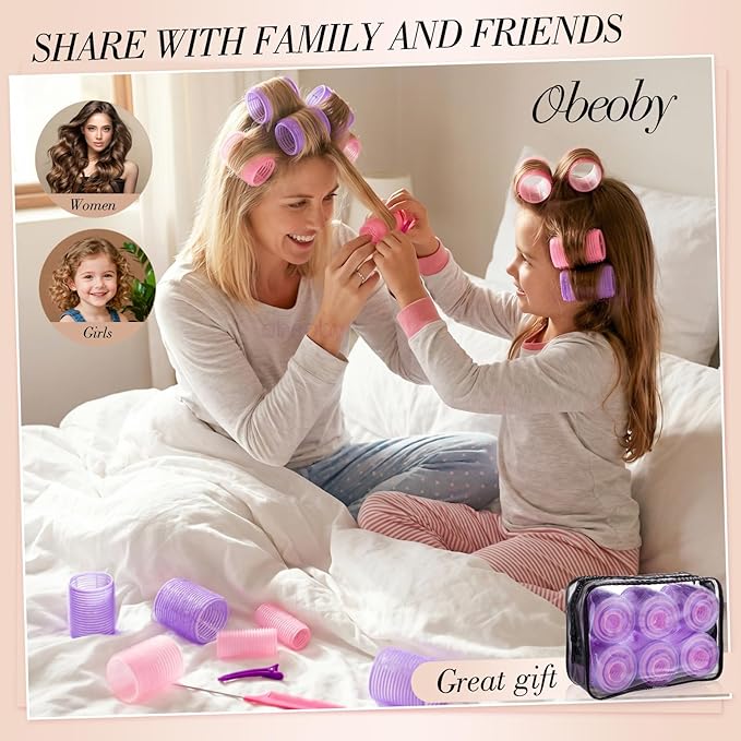 Obeoby 4 Sizes Hair Rollers for Women, 50 Pcs Set Hair Curlers with Clips Comb Curlers for Long Short Curly Hair and Bangs (25, 36, 48, 60mm), Pink Purple