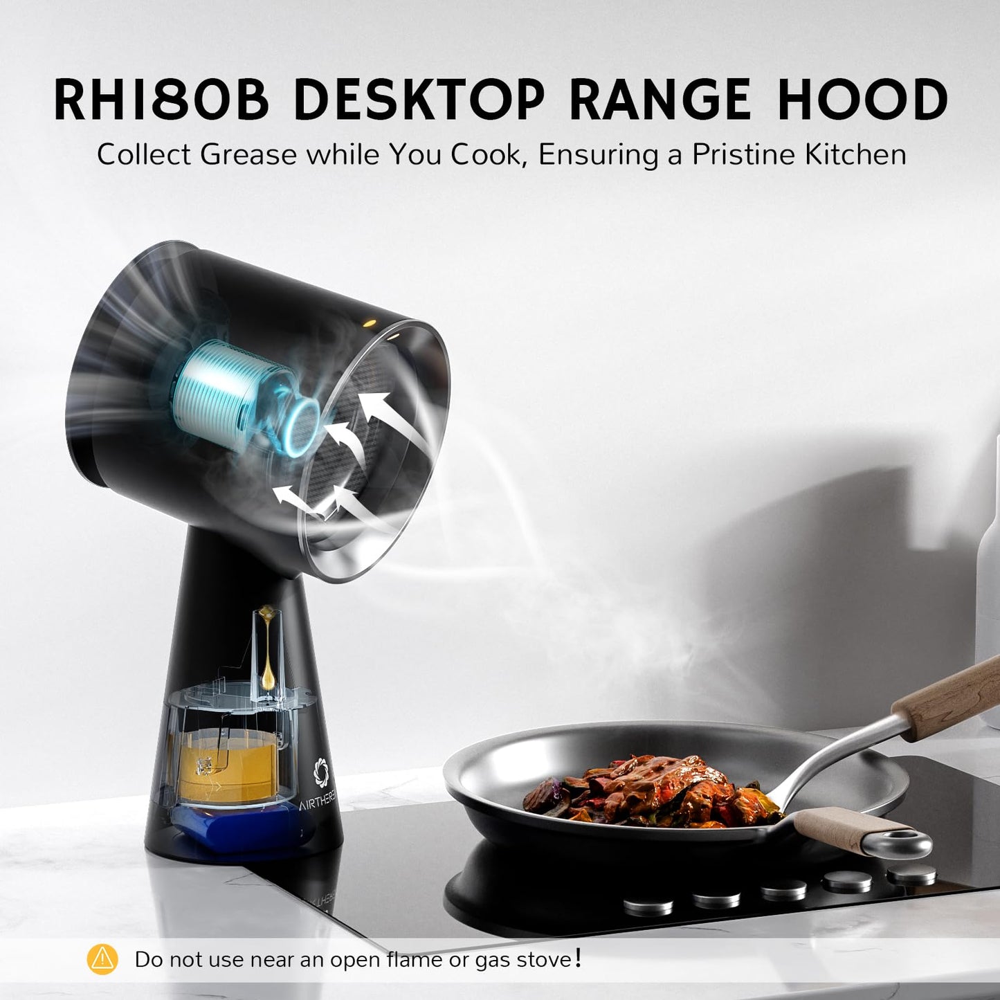 Airthereal Rechargeable Portable Range Hood, Desktop Range Hood with Battery Powered, 3-Fan Speeds and Large Oil Collection Cup, Upgraded Portable Kitchen Exhaust Fan for RV Cooking, RH180B Black