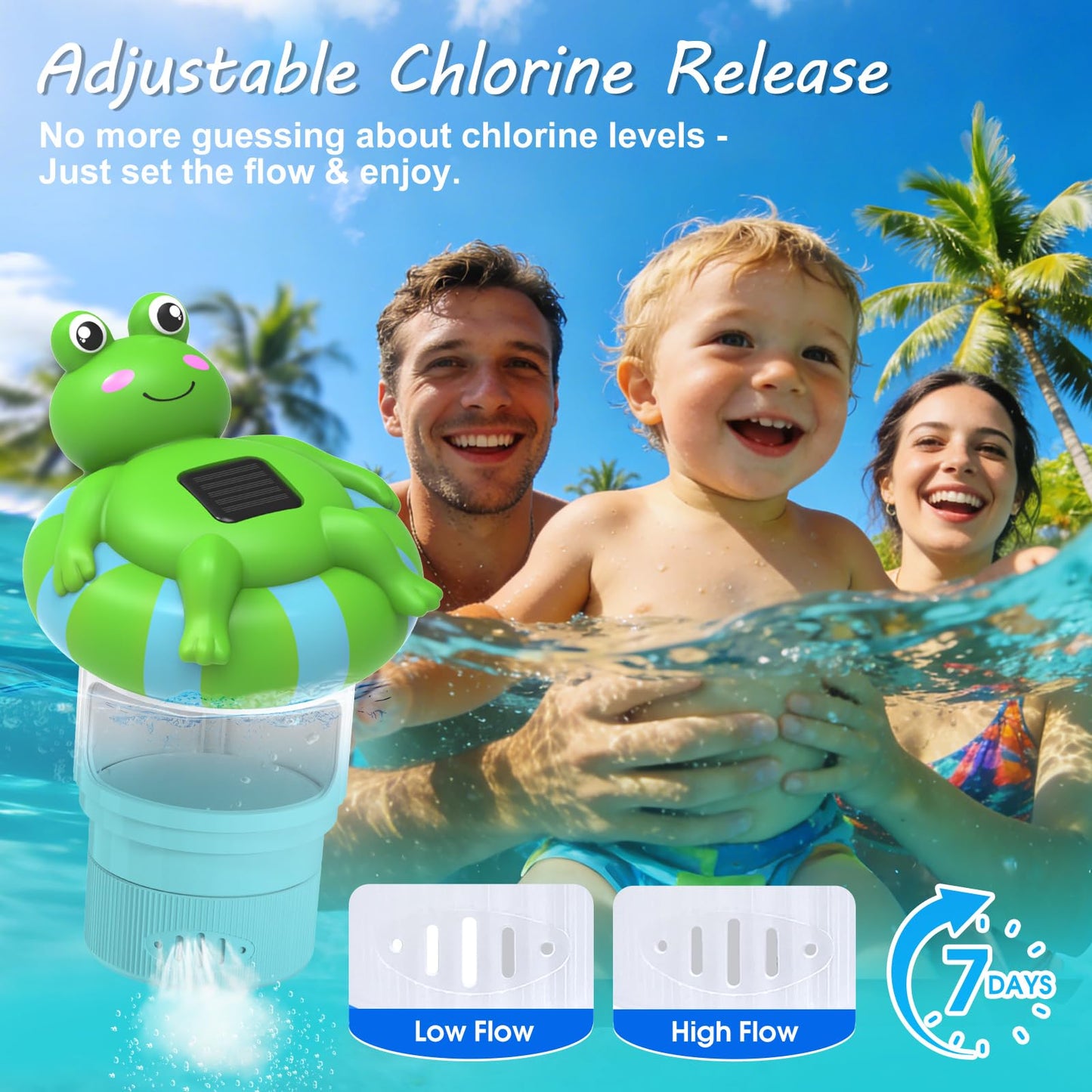 Uekars Solar Frog Pool Chlorine Floater for 3 Inch Tablets, Chlorine Tablet Floater w/Adjustable Release, Glow in Dark, Large Capacity Floating Chlorine Dispenser for Pool, Hot Tub,Spa,Blue-Green,9In