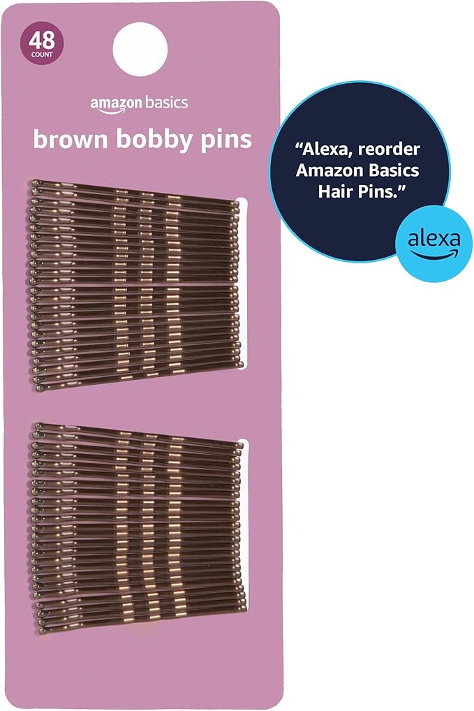 Amazon Basics No Slip Bobby Pins for All Hair Types, Secure Hold Hair Pins for Updos, Brunette Brown, 48 Count