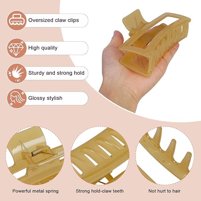 5 Inch XL Jumbo Claw Clips for Thick and Long Hair, 4-Pack Oversized Translucent Rectangle Hair Clips for Women, Strong Hold Non-Slip Jaw Clips, Jelly Colors
