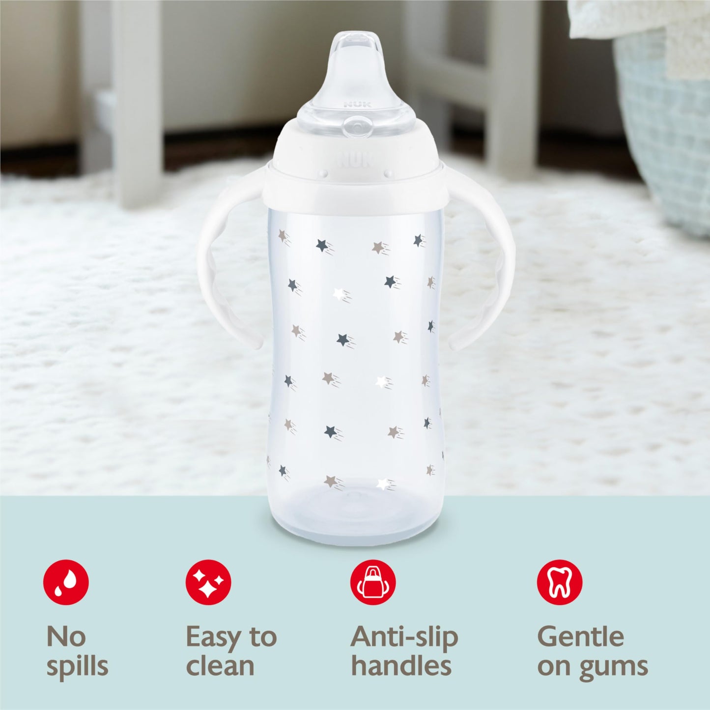 NUK Learner Cup, 10 Oz, Pack of 2, Disney's Stitch – Soft Spout, Easy-Grip Handles, BPA Free, Spill Proof Transition Sippy Cup