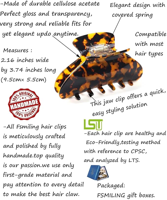 Big Claw Hair Clips for Women Hair Jaw Clips Large Hair Claw Clamps Acetate Hair Clip 2 Pack,Tortoise/Brown