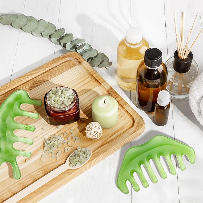 Geiserailie 2 Pcs Jade Combs Esthetician Supplies Massage Stone Hair Gua Sha Scraping Scalp Comb Facial Massage Tool Handheld Head Tools Head Caring Therapy Valentines for Women(Fashion Style)