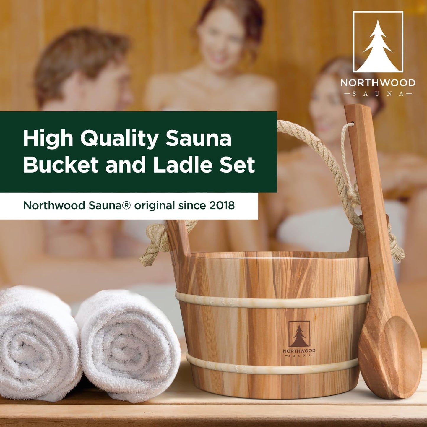 Northwood Sauna - Sauna Bucket and Ladle Set - Handmade from Canadian Red Cedar Wood - Natural Rope Handle - 1 Gallon (4 Liters) Water Capacity