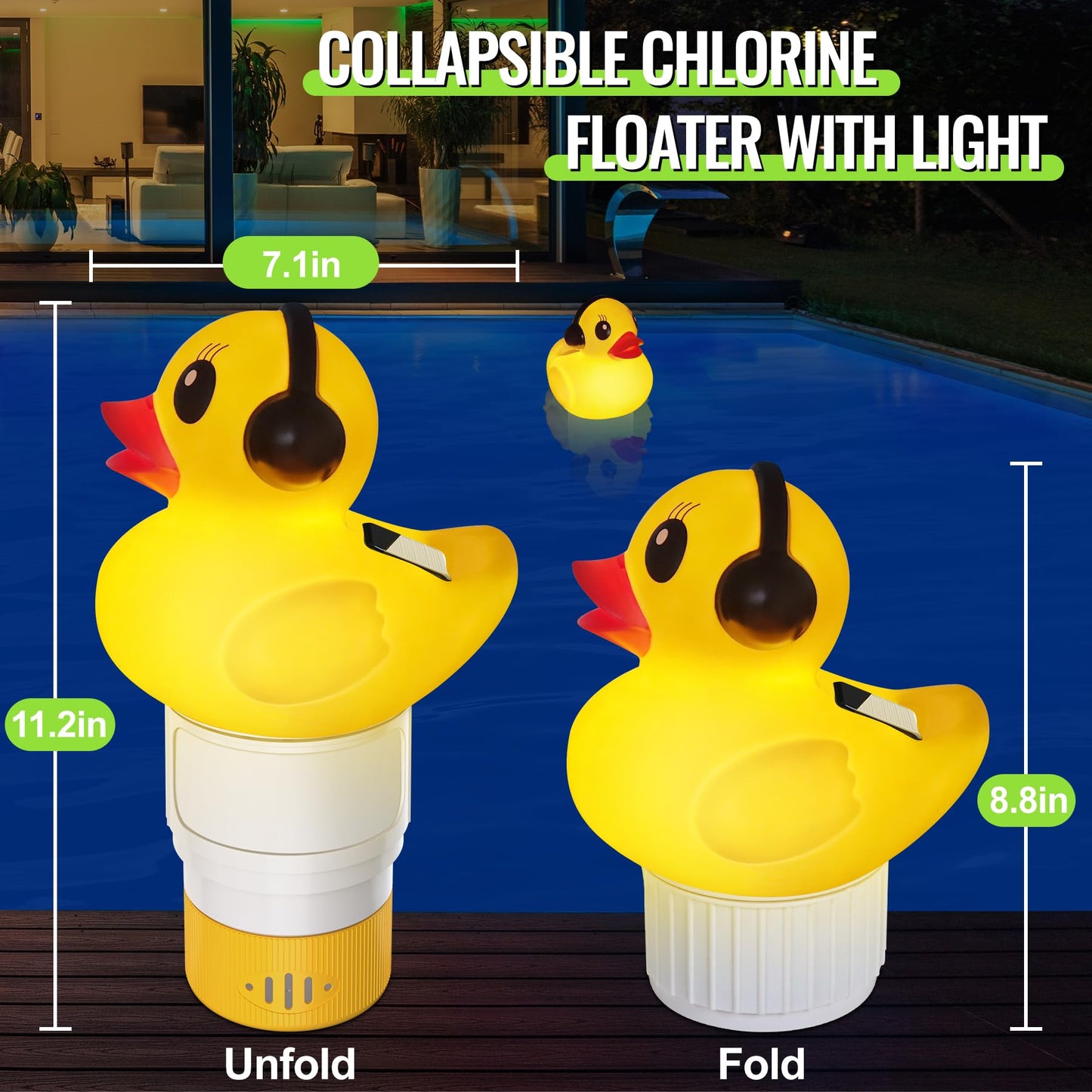 Pool Chlorine Floater with Light,Duck Chlorines Floaters with Adjustable Flow,Solar Chlorine Floater,Floating chlorines Dispenser for Pool,Hot Tub chlorines Floaters, Yellow