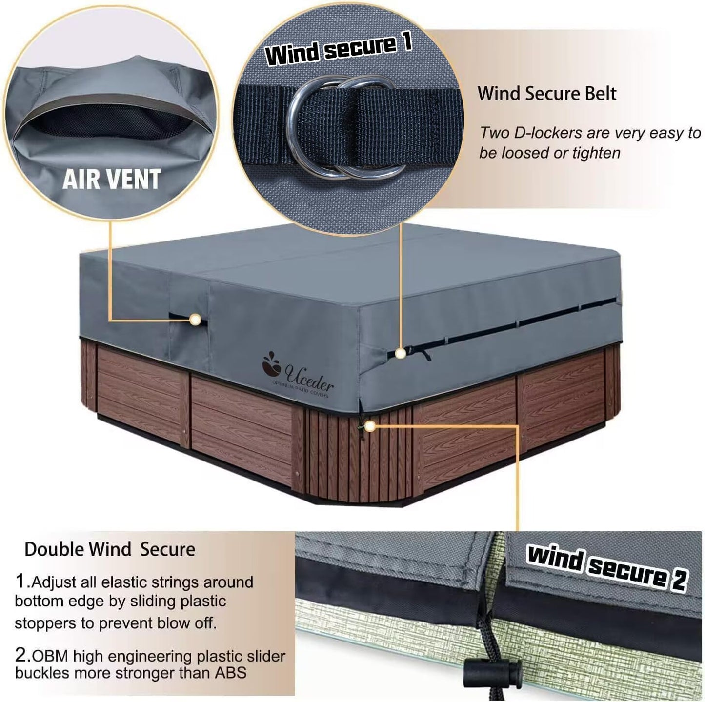 UCEDER Waterproof Hot Tub Cover -Outdoor Spa Cover Cap(Actual Size 93''x93 x20'' Fit 91''x91 x 20'') 600D Heavy Duty Polyester Hot Tub Cover Protector(Dark Gray)