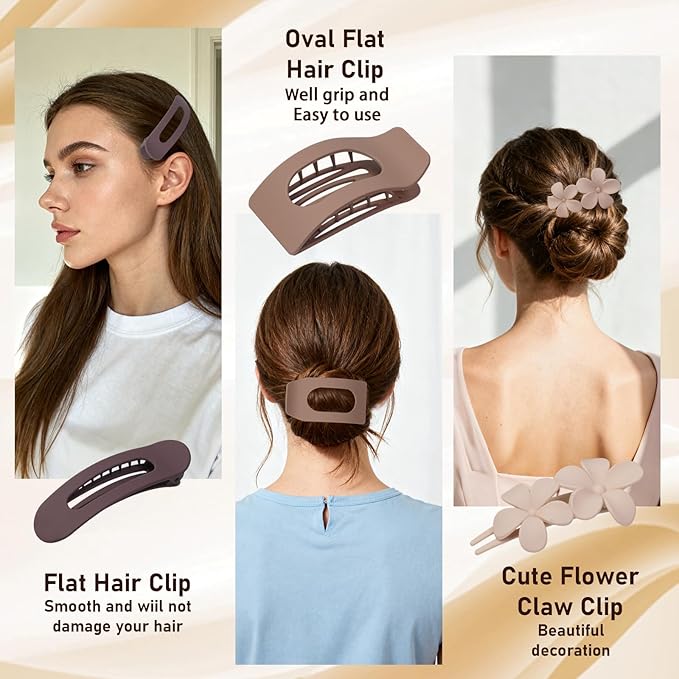 12 Pack Flat Hair Clips for Women – Matte Neutral Square Claw Clips, Flat Barrettes & Flower Pins in Black, Blonde,Light Brown & Dark Brown, Soft Touch Hair Accessories for Thick & Thin Hair