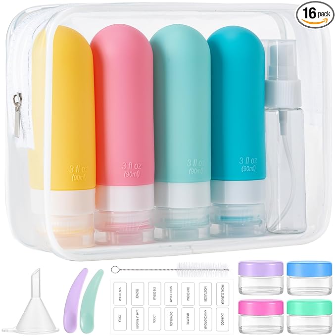16pack Travel Bottles for Toiletries, TSA Approved LeakProof Squeezable Silicone Toiletry Containers for Shampoo, Conditioner, 3oz Portable Refillable Traveling Size Liquid Containers (16Pcs/Colorful)