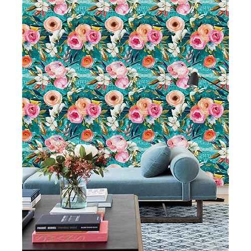 HAOKHOME Floral Peel and Stick Wallpaper Teal Green/Pink Removable Textured for Bedroom Nursery Decorations 17.7in x 6.5ft
