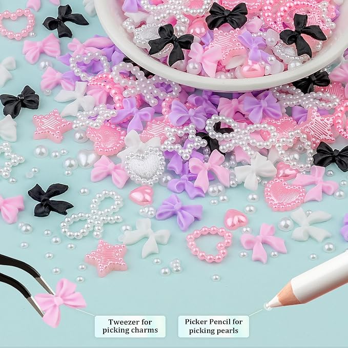 600 Pcs 3D Nail Charms and Flatback Pearls Set 7, 4 Colors Nail Bows Charm + Pink&White Star Heart Moon Cute Nail Jewels + 2-4mm White Nail Pearls for Nail Art DIY Decoration with Pickup Tools