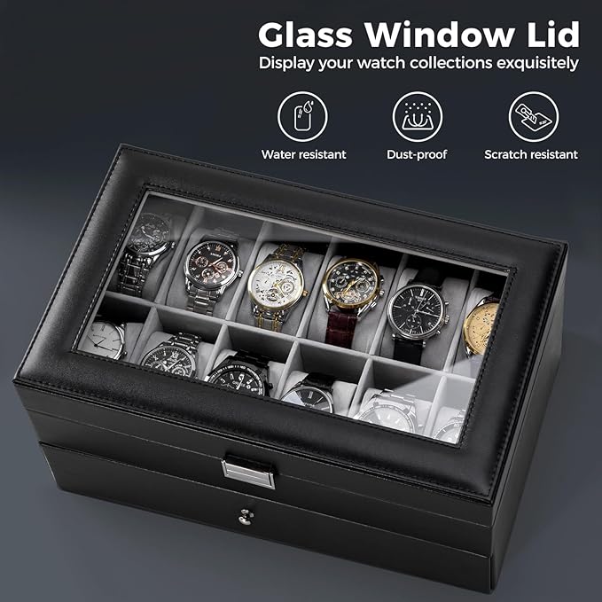ProCase Watch Box, 12 Slot Mens Watch Case With Drawer, 2-Layer Watch Display Case With Glass Lid, Mens Jewelry Box Storage Holder Organizer, Birthday Valentine Gifts for Men -12Slot, Black