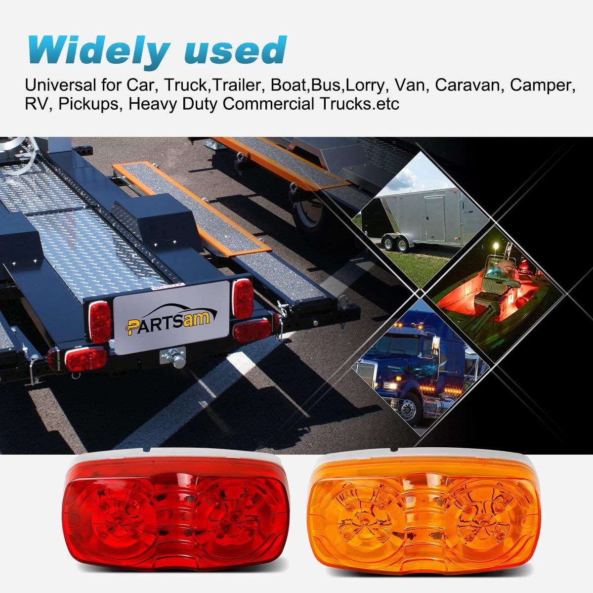 Partsam 14x Trailer RV Marker LED Light Double Bullseye 10 Diodes Clearance Light Red/Amber,[DOT Approved] 4x2 Tiger Eye/Double Bubble 12V Rectangular LED Side Marker Light Surface Mount Camper Truck