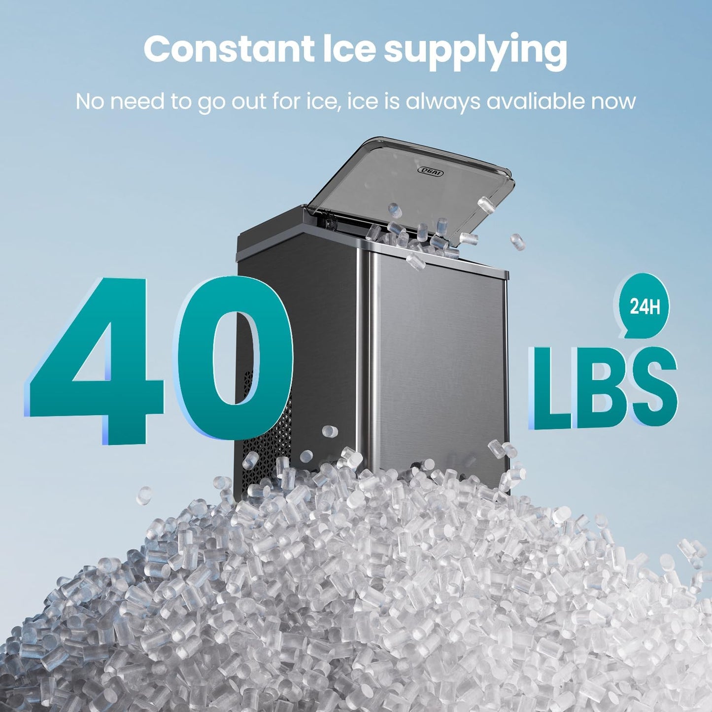 Gevi KNOVA Nugget Ice Maker Countertop, Fast 40lbs/24H Self-Cleaning Portable Sonic Pebble Ice Machine, Stainless Steel Sonic Ice Maker for Home Kitchen, Office,Gray