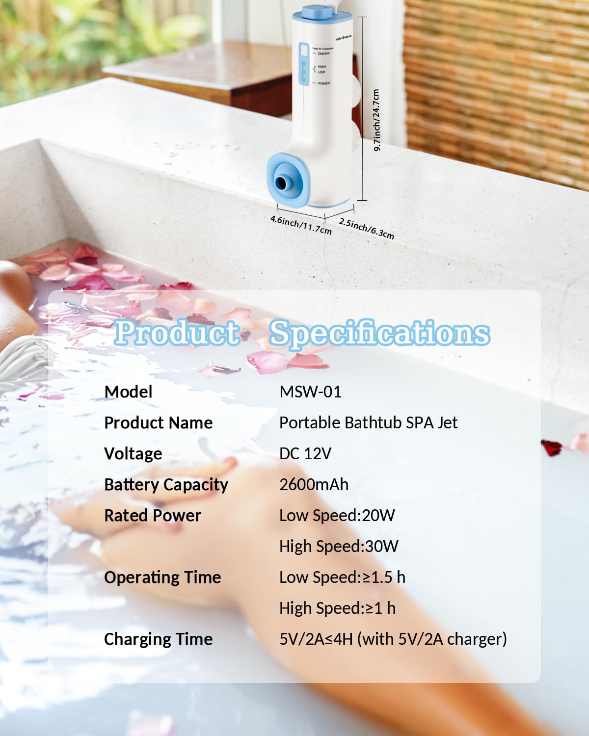 KokoSelene Rechargeable Bath Jets for Tub, Portable Jet Spa for Bathtub, Creates Soothing Bubbles and Massage for Relaxing Daily Use at Home (White-Blue)