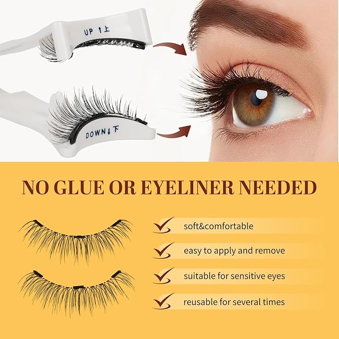 QUEWEL Magnetic Eyelashes 1 Pair Reusable Magnetic Eyelashes with Applicator No Glue Needed Eyelashes Cat Eye Natural Look Lash Clusters Kit Easy to Wear and Remove(B11)