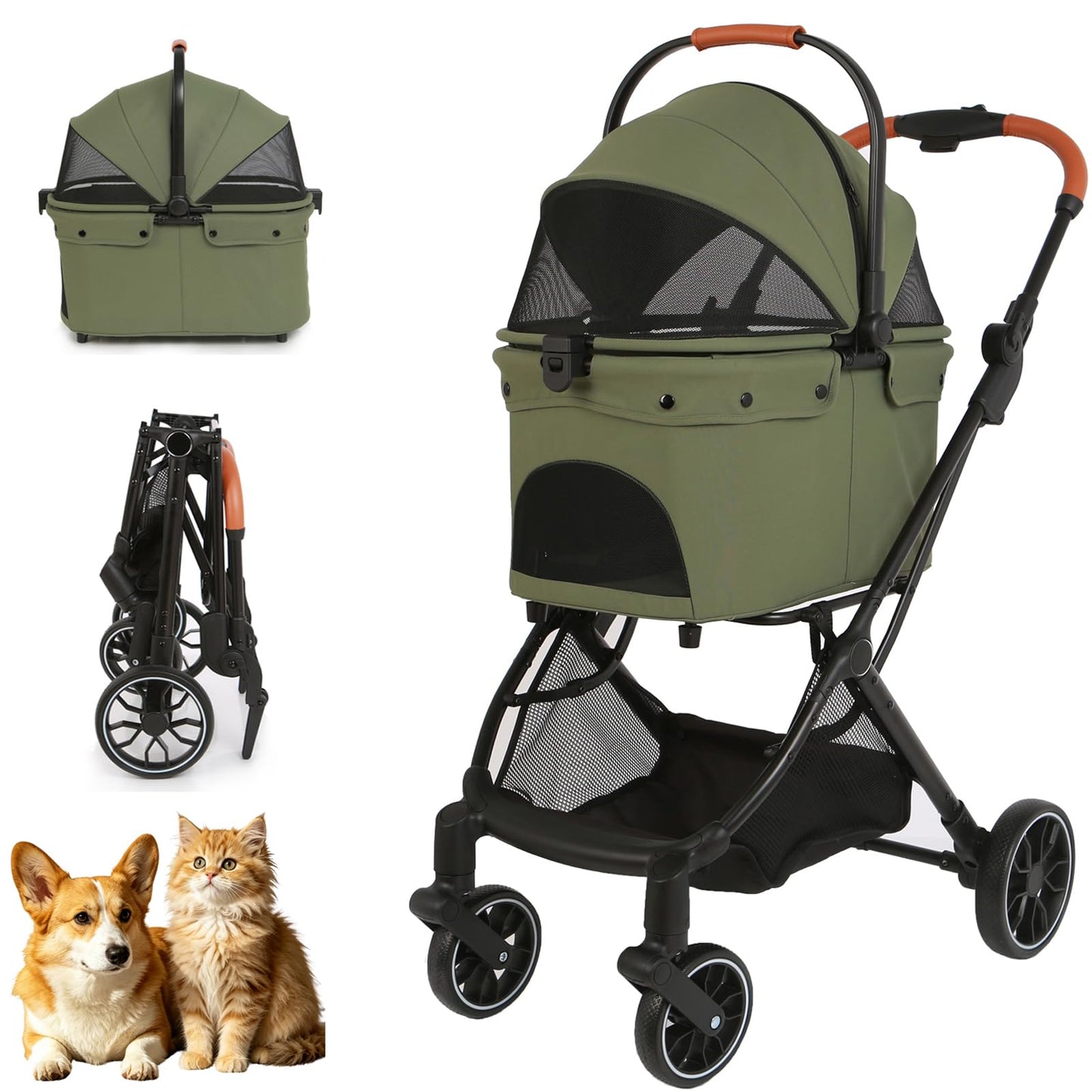 Pet Stroller for Small Dogs and Cats, Detachable Dog Cat Stroller with All-Terrain Shock Absorbing Wheels, One-Click Foldable Design, Adjustable Canopy (Green)