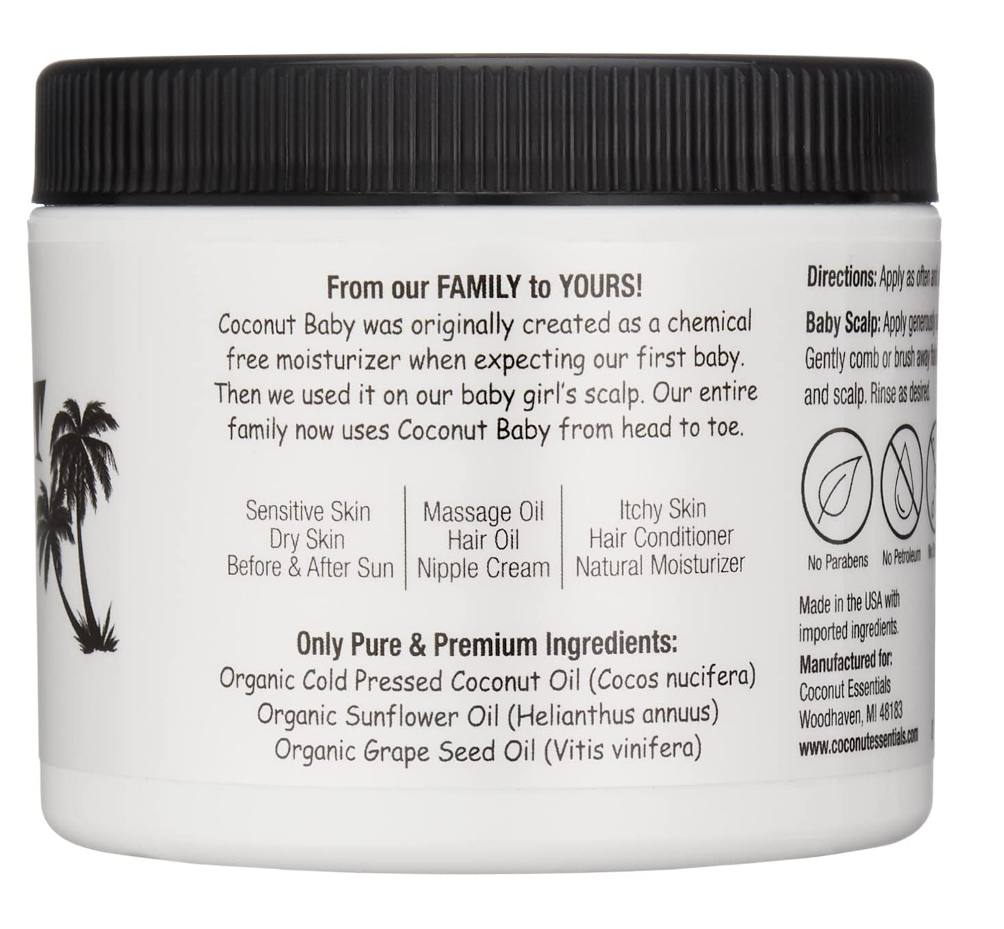 Coconut Essentials COCONUT BABY Oil, Natural & Organic Moisturizer for Newborn Sensitive Skin, Eczema & Psoriasis Relief, Hair Oil for Cradle Cap Treatment, Unscented, Sunflower & Grape Seed 8 fl oz