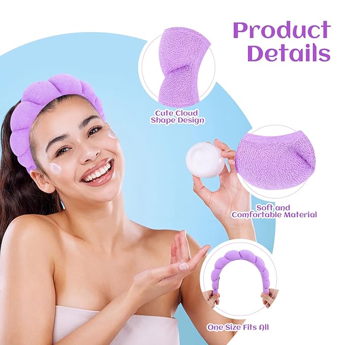 Women's Spa Terry Cloth Headband for Face Washing, Makeup Removal, Shower - Puffy Sponge Hair Accessory (Purple)