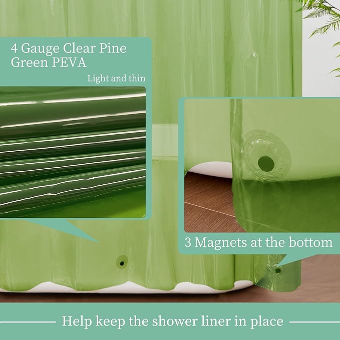 Mrs Awesome Clear Green Shower Curtain Liner with 3 Magnets, 72x72 Premium Flexible Sturdy Plastic Shower Curtain for Bathroom Waterproof, Clear Green