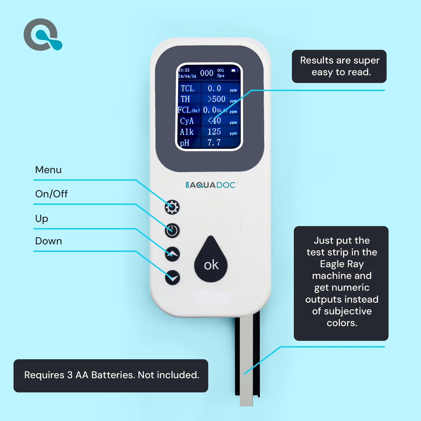 Eagle Ray Digital Spa Water Test Kit by AquaDoc with Digital Water Tester and 30 hot tub Test Strips for Chlorine, Bromine, Total Hardness, Cyanuric Acid, Alkalinity, and pH
