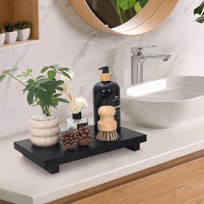 Black Wooden Bathroom Tray Decorative Kitchen Countertop Trays Farmhouse Wood Riser Pedestal Stand Dish Soap Dispenser Holder for Kitchen Counter Bathroom Sink Organizer Accessories Decor Vanity Tray
