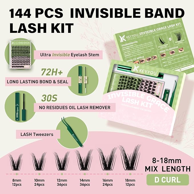 KEYYOU Fairy Wink Lash Clusters Kit Lash Extension Kit D Curl 144Pcs Eyelash Extension Wispy Natural Invisible Band with Waterproof DIY at Home(Fairy Wink-D-8-18MIX)