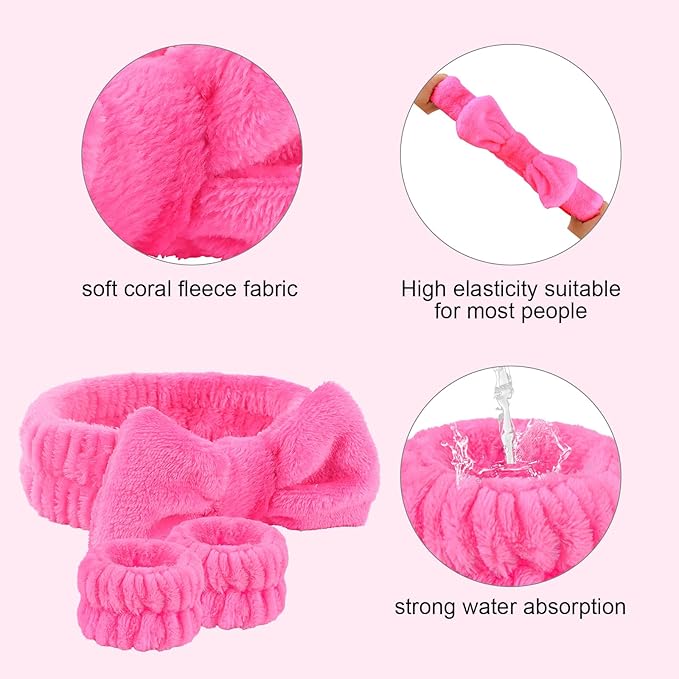 Semato Spa Headband and Wristband Set - Fluffy Bow Face Wash Hair Accessories With Bubble Sponge for Women and Girls (Hot Pink)