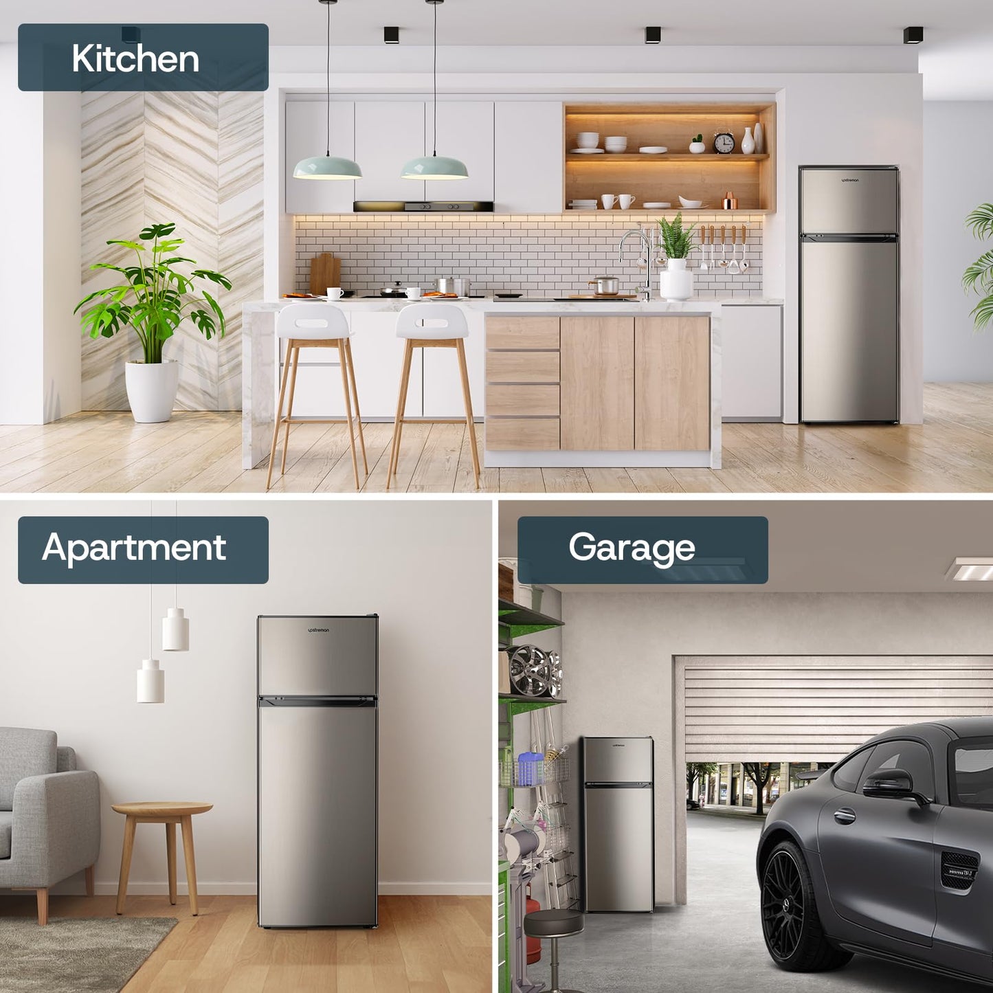 Upstreman 7.7 Cu.Ft. Refrigerator with Freezer, Double Door, Adjustable Thermostat, Large Capacity, Reversible Door Swing, Refrigerator for Apartment, Office, Dorm, Stainless (BD75)